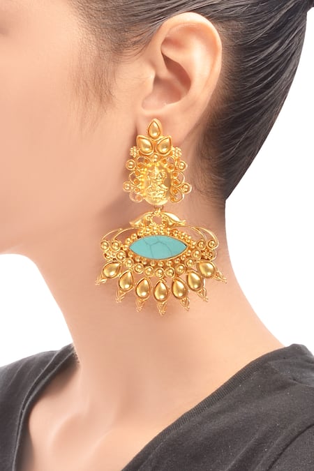 Shop Sangeeta Boochra Gold Plated Drop Earrings With Turquoise Stone at Aza Fashions Shop_Sangeeta Boochra_Gold Plated Drop Earrings With Turquoise Stone _at_Aza_Fashions