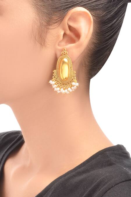 Shop Sangeeta Boochra Gold Plated Drop Earrings With Pearls at Aza Fashions Shop_Sangeeta Boochra_Gold Plated Drop Earrings With Pearls _at_Aza_Fashions