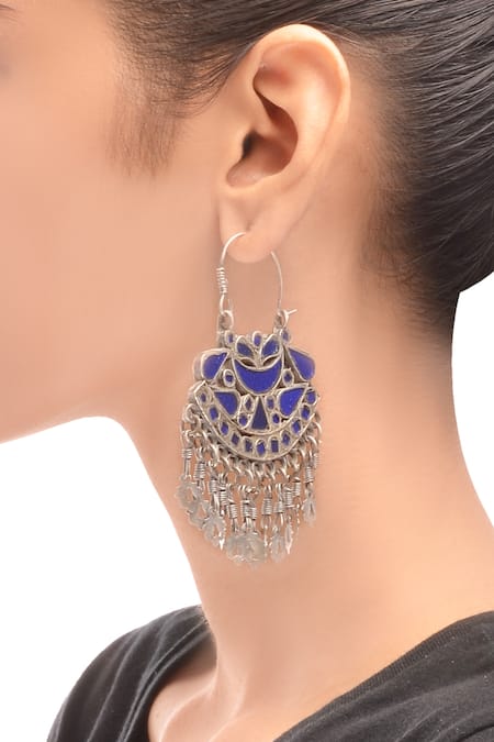 Shop Sangeeta Boochra Silver Plated Antique And Royal Blue Danglers at Aza Fashions Shop_Sangeeta Boochra_Silver Plated Antique And Royal Blue Danglers _at_Aza_Fashions