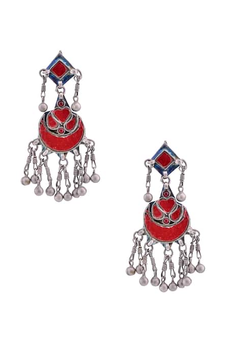 Sangeeta Boochra Silver Plated Antique Drop Earrings With Enamel Work 