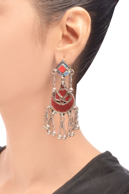 Shop Sangeeta Boochra Silver Plated Antique Drop Earrings With Enamel Work at Aza Fashions Shop_Sangeeta Boochra_Silver Plated Antique Drop Earrings With Enamel Work _at_Aza_Fashions