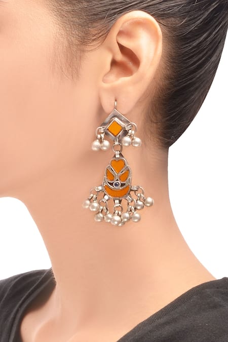 Shop Sangeeta Boochra Silver Plated Tassels Antique Drop Earrings With Ghungroos at Aza Fashions Shop_Sangeeta Boochra_Silver Plated Tassels Antique Drop Earrings With Ghungroos _at_Aza_Fashions