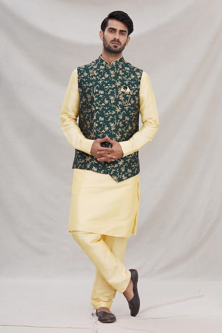 Arihant Rai Sinha Gold Jacquard Banarasi Silk Bundi And Kurta Set