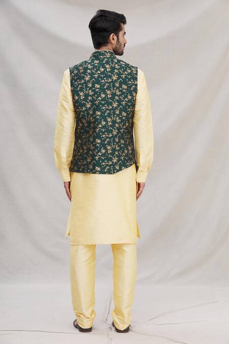 Shop Arihant Rai Sinha Green Jacquard, Faux Leather Embroidery Floral Motif Nehru Jacket Set at Aza Fashions Shop_Arihant Rai Sinha_Green Jacquard, Faux Leather Embroidery Floral Motif Nehru Jacket Set_at_Aza_Fashions