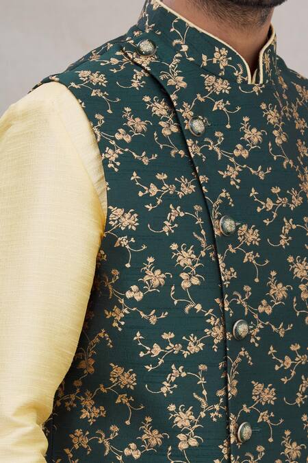 Arihant Rai Sinha Green Jacquard, Faux Leather Embroidery Floral Motif Nehru Jacket Set at Aza Fashions Arihant Rai Sinha_Green Jacquard, Faux Leather Embroidery Floral Motif Nehru Jacket Set_at_Aza_Fashions