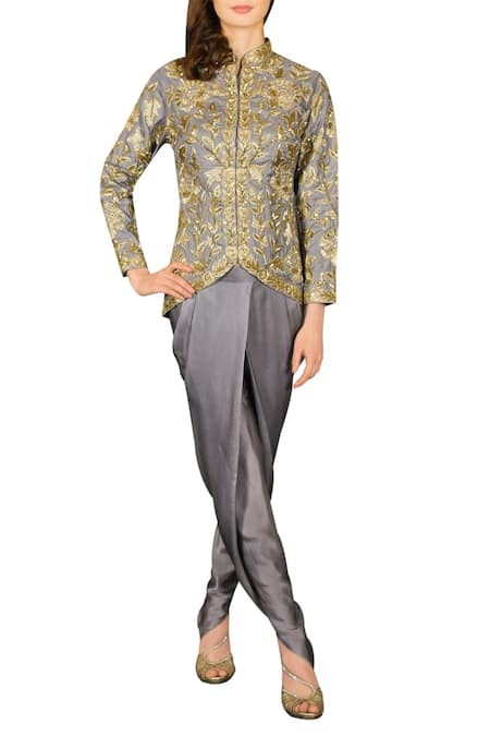 Chhavvi Aggarwal Grey Embroidered Jacket With Dhoti Pants 