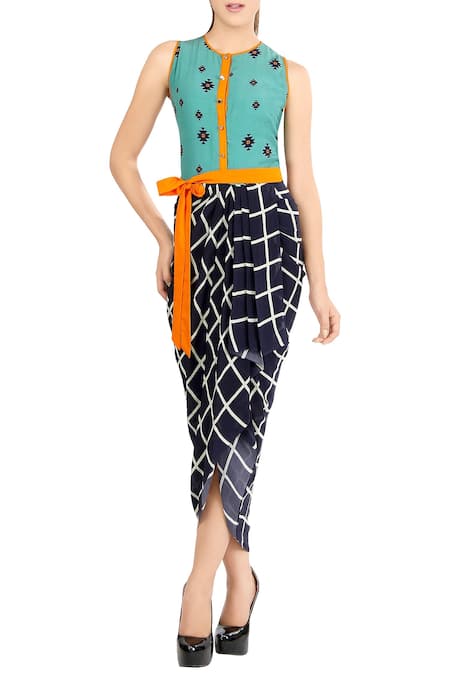 Soup by Sougat Paul Blue Crepe Round Printed Draped Dress  