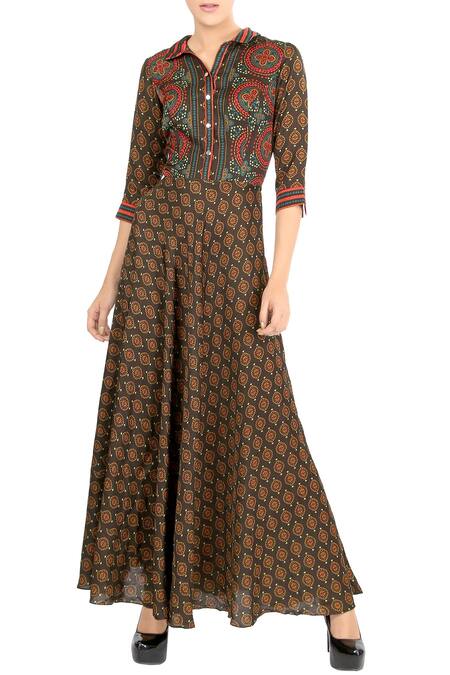 Soup by Sougat Paul Brown Crepe Spread Collar Printed Maxi Dress For Women