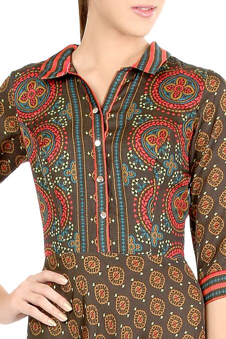 Buy Soup By Sougat Paul Brown Crepe Spread Collar Printed Maxi Dress Online at Aza Fashions Buy_Soup By Sougat Paul_Brown Crepe Spread Collar Printed Maxi Dress_Online_at_Aza_Fashions