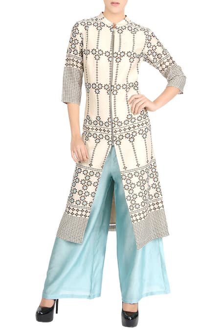 Soup By Sougat Paul Blue Ivory Front Slit Kurta And Pastel Palazzo 
