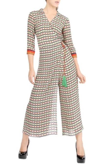 Soup By Sougat Paul White Crepe Stripes Spread Collar Wrap Printed Jumpsuit 