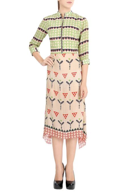 Soup By Sougat Paul_Multi Color Crepe V Neck Printed Tunic With Jacket _Online_at_Aza_Fashions