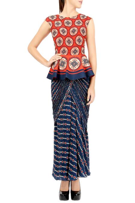 Soup By Sougat Paul_Blue Crepe Boat Neck Peplum Draped Saree Gown _Online_at_Aza_Fashions