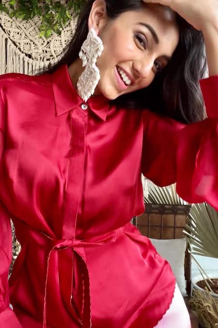 Buy_Garima Bindal_Red Silk, Modal Collared Solid Shirt And Straight Pant Set _Online_at_Aza_Fashions
