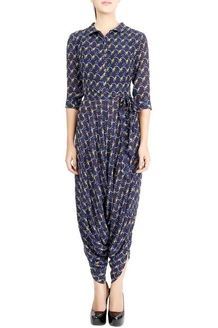 Soup By Sougat Paul_Blue Crepe Geometric Motifs Shirt Collar Printed Jumpsuit _Online_at_Aza_Fashions