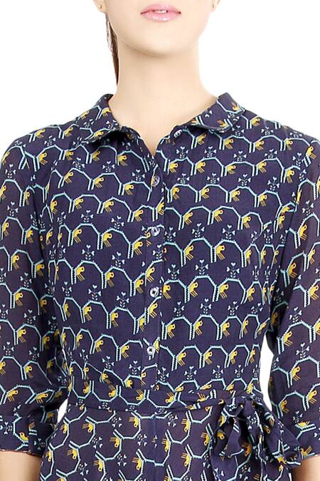Buy_Soup By Sougat Paul_Blue Crepe Geometric Motifs Shirt Collar Printed Jumpsuit _Online_at_Aza_Fashions