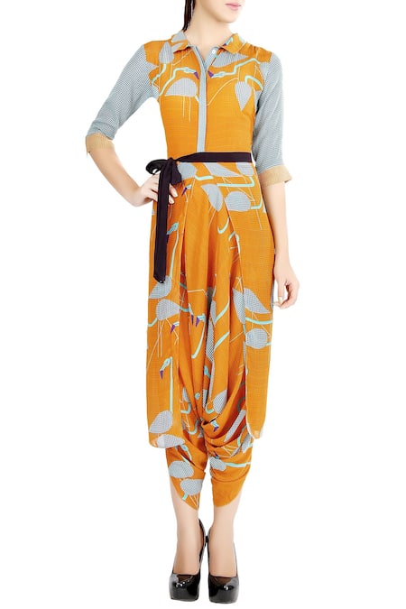 Soup By Sougat Paul_Orange Crepe Geometric Motifs Shirt Collar Printed Draped Jumpsuit _Online_at_Aza_Fashions