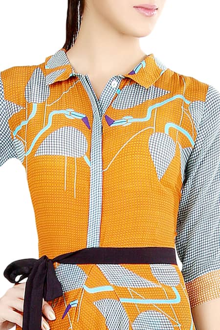 Buy_Soup By Sougat Paul_Orange Crepe Geometric Motifs Shirt Collar Printed Draped Jumpsuit _Online_at_Aza_Fashions