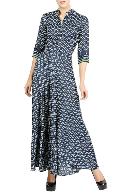 Soup by Sougat Paul Blue Linen Satin Spread Collar Printed Maxi Dress  