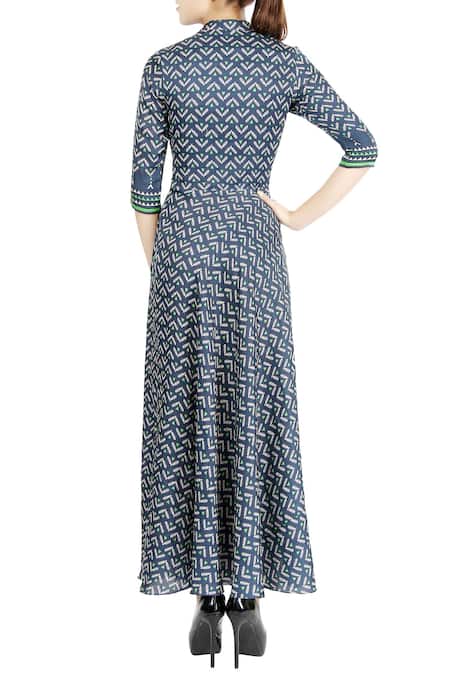 Shop Soup By Sougat Paul Blue Linen Satin Spread Collar Printed Maxi Dress at Aza Fashions Shop_Soup By Sougat Paul_Blue Linen Satin Spread Collar Printed Maxi Dress _at_Aza_Fashions