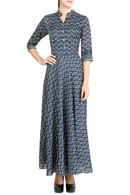 Soup By Sougat Paul Blue Linen Satin Spread Collar Printed Maxi Dress Online at Aza Fashions Soup By Sougat Paul_Blue Linen Satin Spread Collar Printed Maxi Dress _Online_at_Aza_Fashions