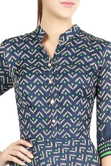 Buy Soup By Sougat Paul Blue Linen Satin Spread Collar Printed Maxi Dress Online at Aza Fashions Buy_Soup By Sougat Paul_Blue Linen Satin Spread Collar Printed Maxi Dress _Online_at_Aza_Fashions