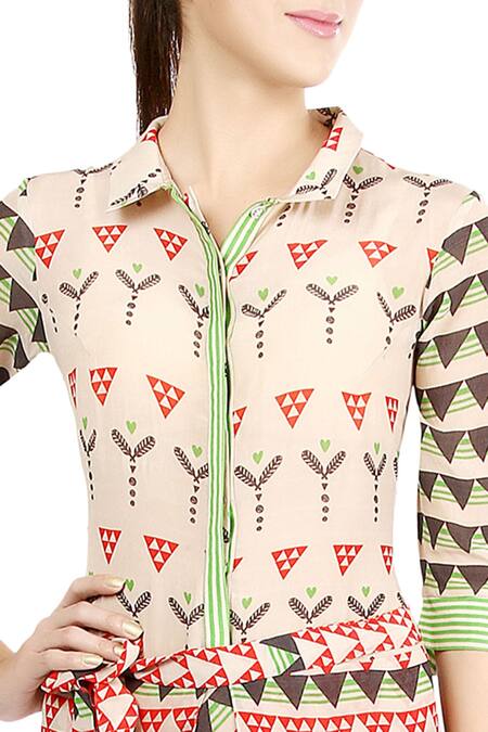 Buy_Soup By Sougat Paul_Multi Color Crepe Geometric Motifs Shirt Collar Printed Draped Jumpsuit _Online_at_Aza_Fashions