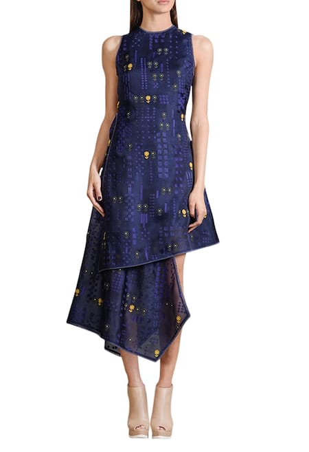 Sahil Kochhar Blue Organza Round Embroidered Midi Dress  