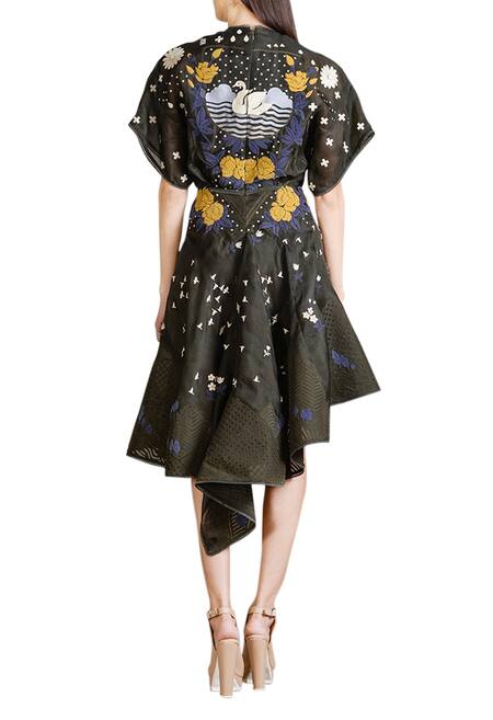 Shop_Sahil Kochhar_Green Organza Round Embroidered High Low Dress _at_Aza_Fashions