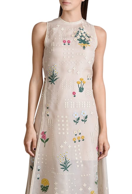 Sahil Kochhar_Beige Asymmetric Applique Dress _Online_at_Aza_Fashions