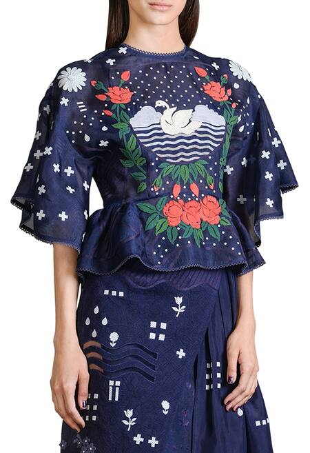 Sahil Kochhar_Blue Organza Applique Floral Layered Skirt  _Online_at_Aza_Fashions
