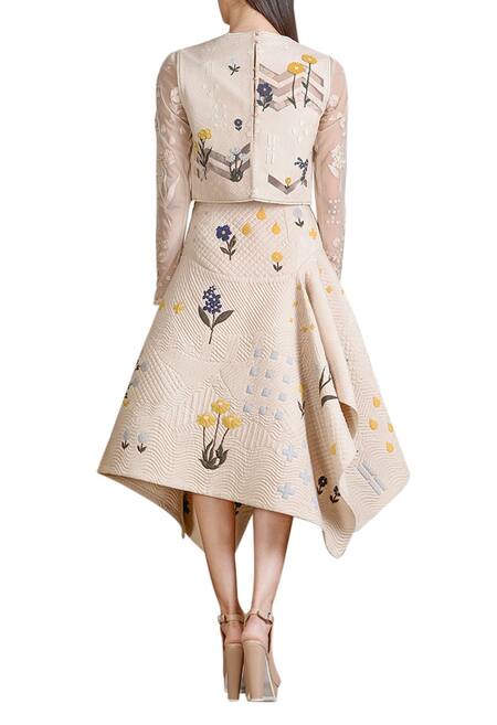 Shop_Sahil Kochhar_Beige Bateau Quilted Floral Top _at_Aza_Fashions