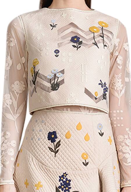 Buy Sahil Kochhar Beige Bateau Quilted Floral Top Online at Aza Fashions Buy_Sahil Kochhar_Beige Bateau Quilted Floral Top _Online_at_Aza_Fashions