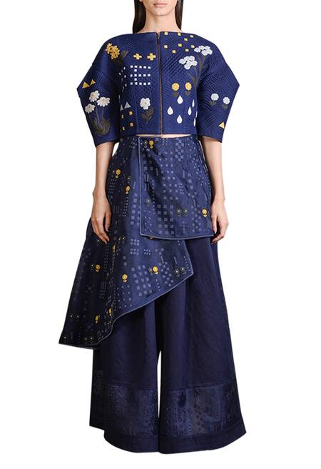 Sahil Kochhar Blue Habutai Silk Embroidered Floral Boat Neck Quilted Top For Women