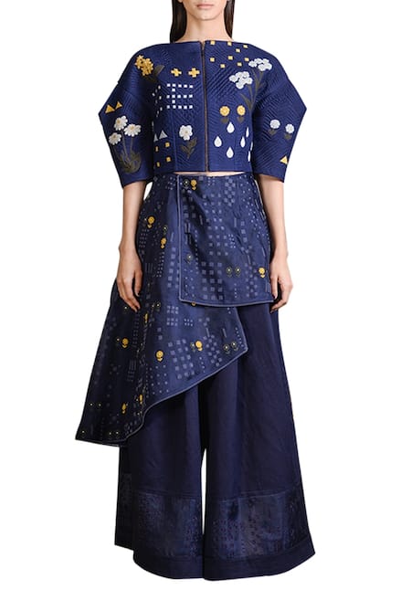 Sahil Kochhar Blue Cotton Silk Embroidered Applique Work Layered Trouser  