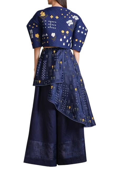 Shop_Sahil Kochhar_Blue Cotton Silk Embroidered Applique Work Layered Trouser  _at_Aza_Fashions
