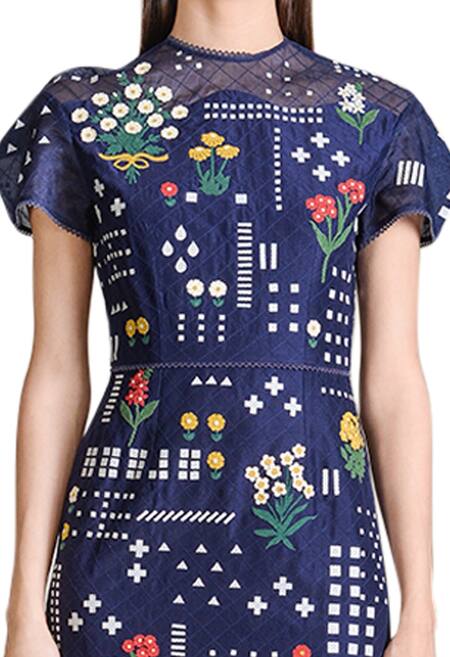 Sahil Kochhar_Blue Round Neck Embroidered Midi Dress _Online_at_Aza_Fashions