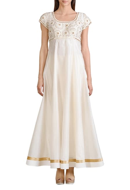 Sahil Kochhar White Chanderi Embroidered Floral Scoop Neck Anarkali Set  