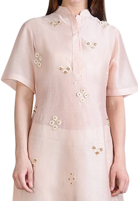 Buy_Sahil Kochhar_Pink Chanderi Embroidered Floral Mandarin Collar Asymmetrical Kurta _Online_at_Aza_Fashions