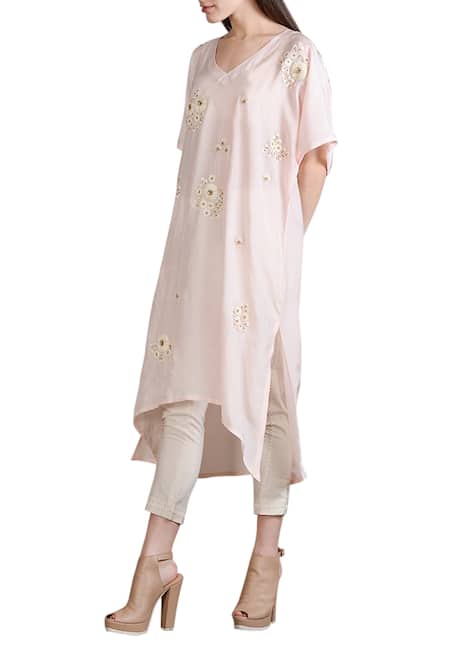 Sahil Kochhar Pink Cotton Silk Embroidered Floral V Neck Tunic For Women