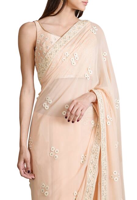 Sahil Kochhar_Peach Georgette Embroidered Floral Scoop Neck Saree With Blouse _Online_at_Aza_Fashions