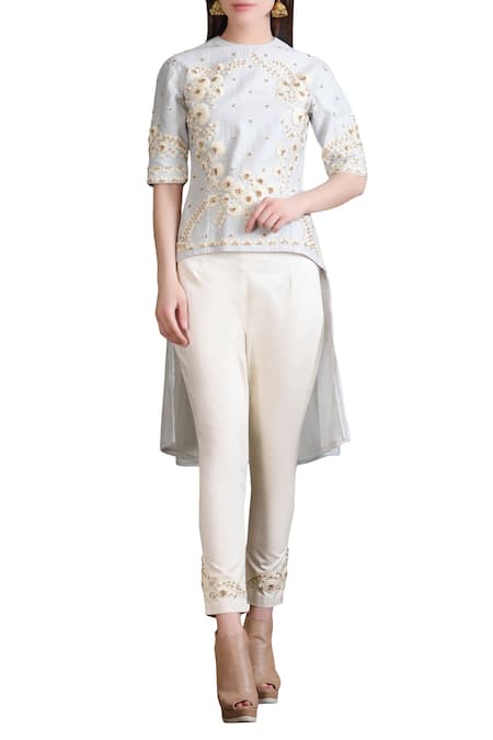 Sahil Kochhar Blue Quilted Top With Cream Fitted Pants For Women