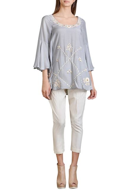 Sahil Kochhar_Grey Cotton Silk Embroidered Floral Foam Work Scoop Neck Tunic _Online_at_Aza_Fashions