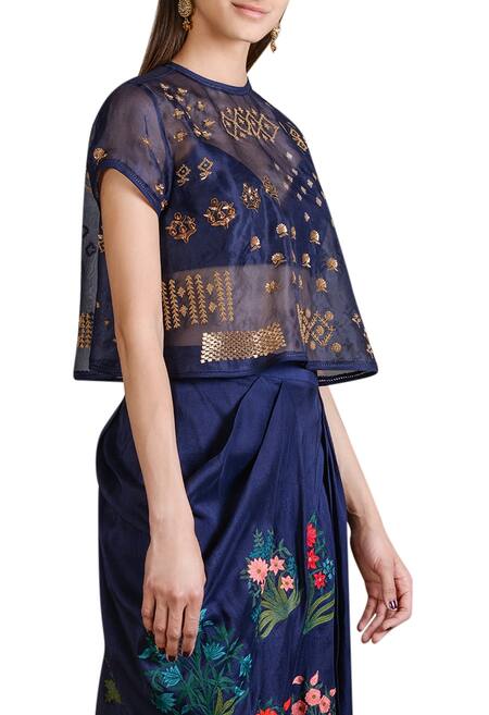 Sahil Kochhar_Blue Raw Silk Embroidered Floral Draped Skirt And Sheer Embellished Top _Online_at_Aza_Fashions