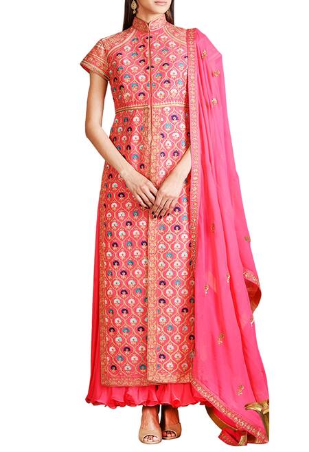 Sahil Kochhar Pink Chanderi Embroidered Thread Work Mandarin Jacket And Anarkali Set  