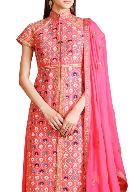 Sahil Kochhar_Pink Chanderi Embroidered Thread Work Mandarin Jacket And Anarkali Set _Online_at_Aza_Fashions