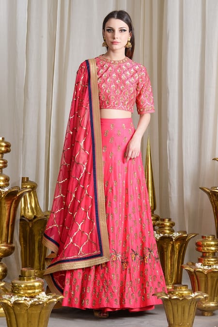 Sahil Kochhar Pink Dupion Silk Embellished Sequin Crew Neck Bridal Lehenga Set  