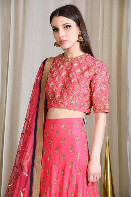 Sahil Kochhar_Pink Dupion Silk Embellished Sequin Crew Neck Bridal Lehenga Set _Online_at_Aza_Fashions