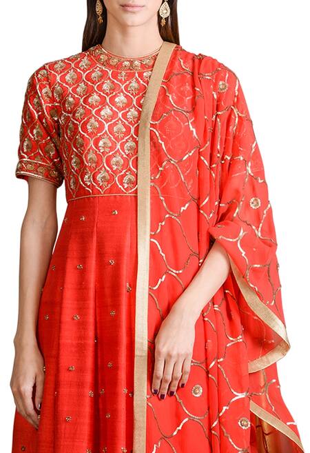 Sahil Kochhar_Orange Raw Silk Embroidered Jaal Work Jewel Neck Anarkali Set _Online_at_Aza_Fashions