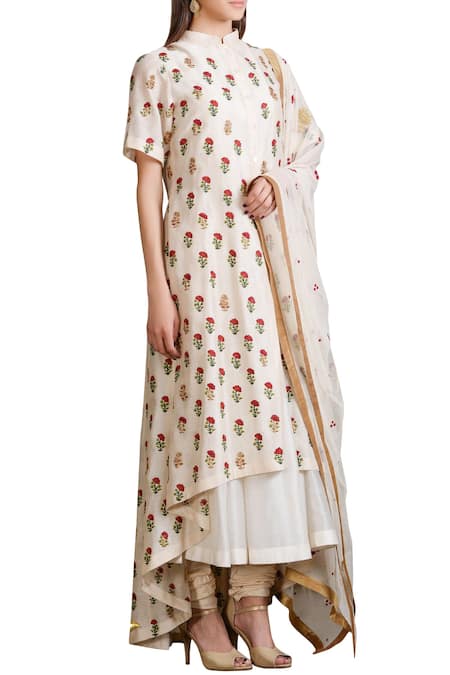 Sahil Kochhar Off White Ivory Kalidar Kurta Set With Embroidered Floral Motifs  